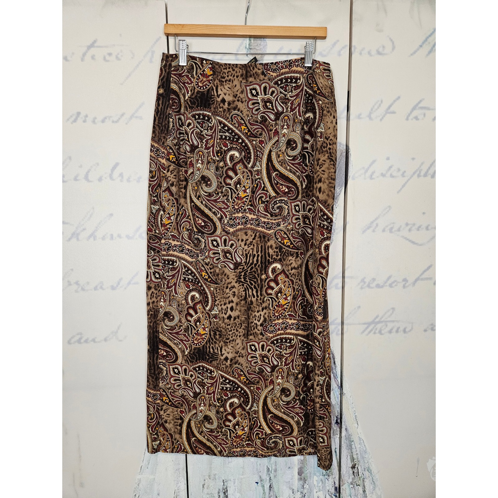 Vintage Monte Paisley Leopard Print Midi Faux Wrap Skirt Brown Size 10 Boho — image 2 of 8